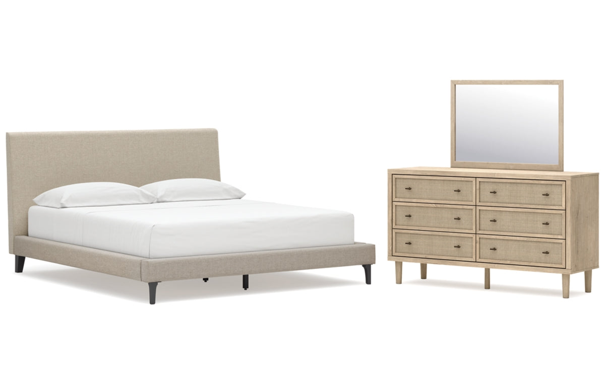 Cielden California King Upholstered Bed with Roll Slats, Dresser and Mirror
