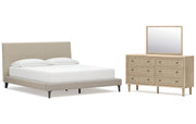 Cielden California King Upholstered Bed with Roll Slats, Dresser and Mirror