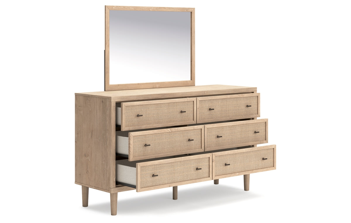 Cielden Queen Upholstered Bed with Roll Slats, Dresser, Mirror, Chest and Nightstand