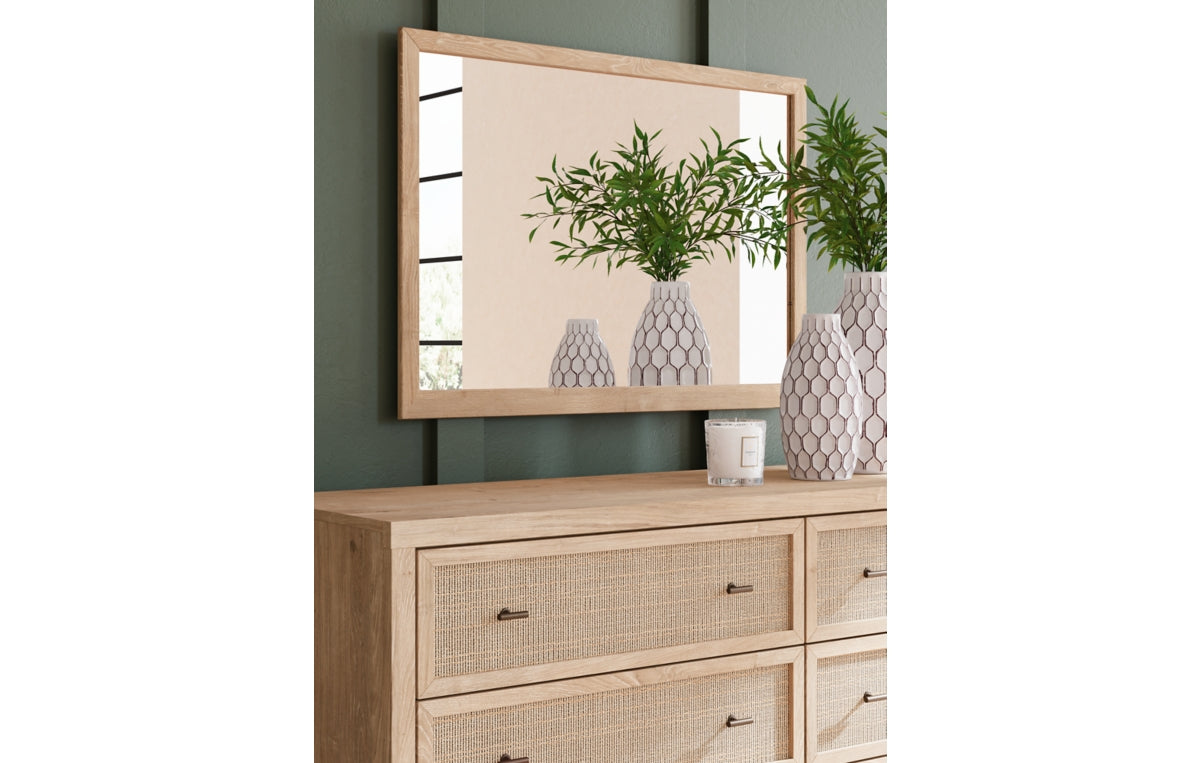 Cielden Queen Upholstered Bed with Roll Slats, Dresser, Mirror, Chest and Nightstand
