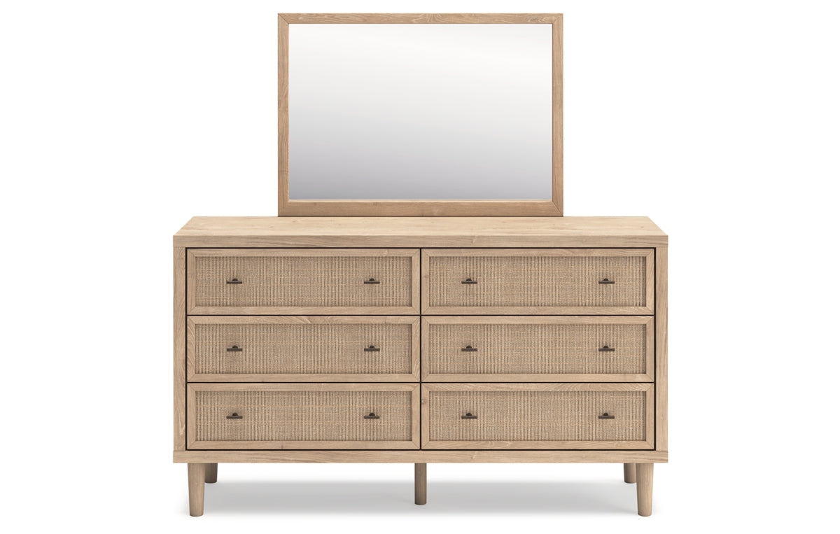 Cielden California King Upholstered Bed with Roll Slats, Dresser and Mirror