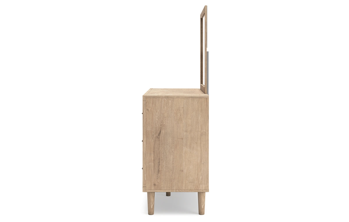 Cielden California King Upholstered Bed with Roll Slats, Dresser and Mirror