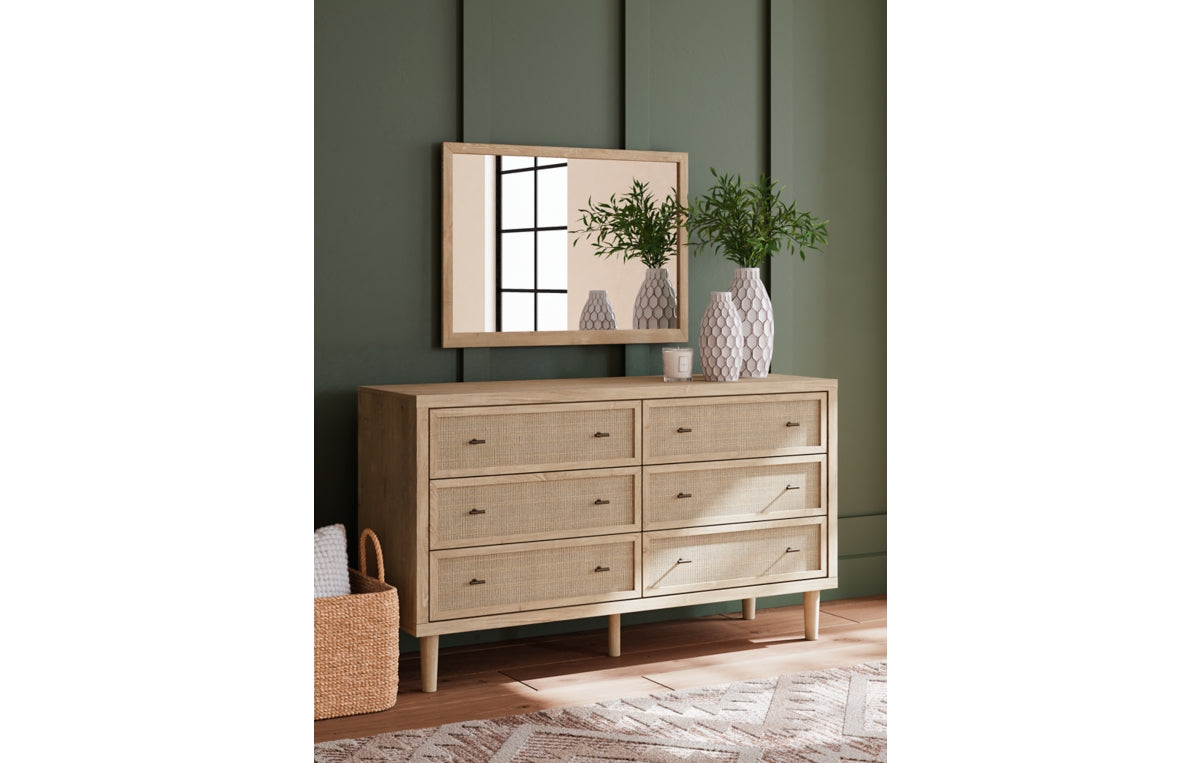 Cielden Queen Upholstered Bed with Roll Slats, Dresser, Mirror, Chest and Nightstand