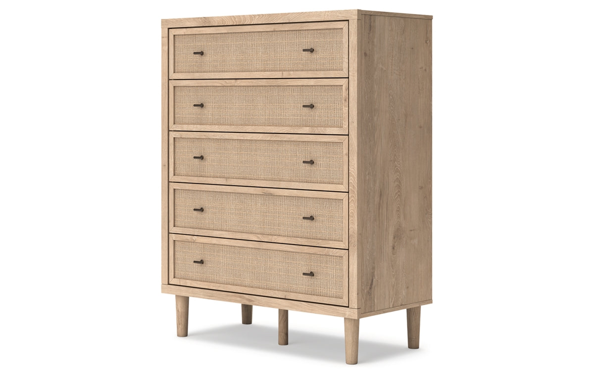 Cielden Queen Upholstered Bed with Roll Slats, Dresser, Mirror, Chest and Nightstand