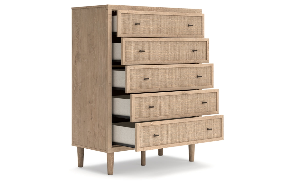 Cielden California King Upholstered Bed with Roll Slats, Dresser, Mirror and Chest