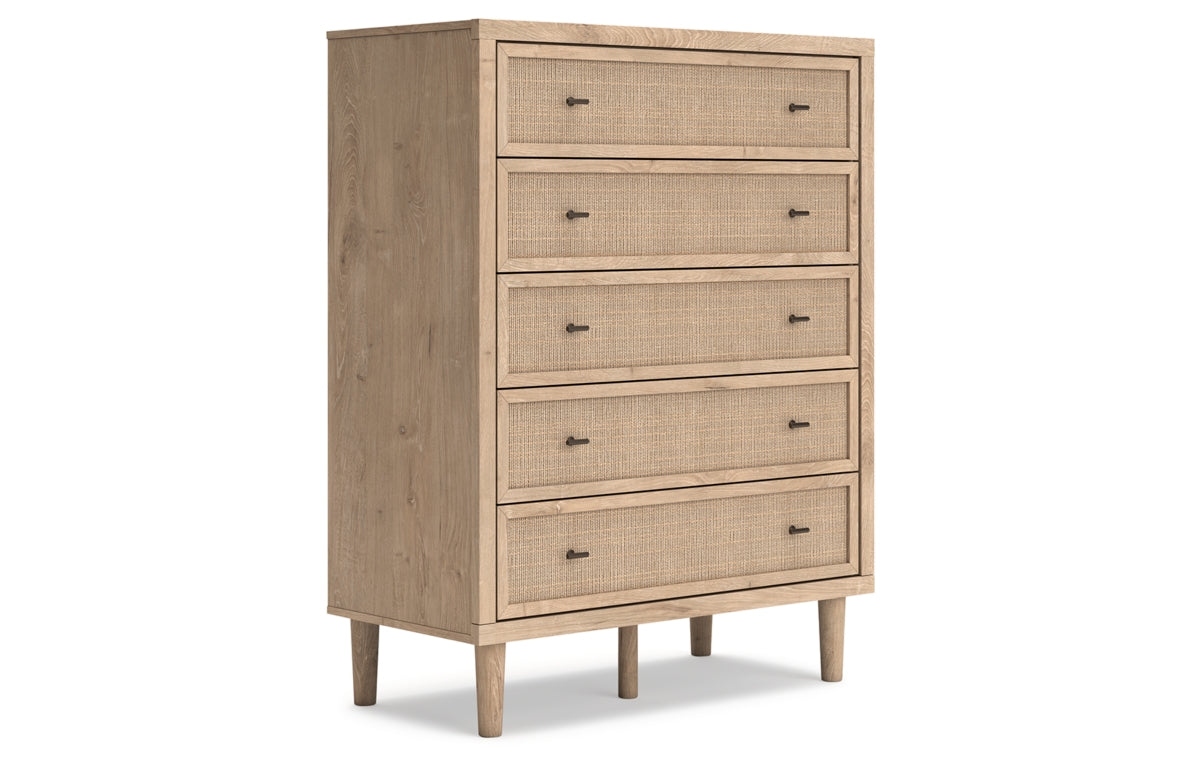 Cielden Queen Upholstered Bed with Roll Slats, Dresser, Mirror, Chest and Nightstand