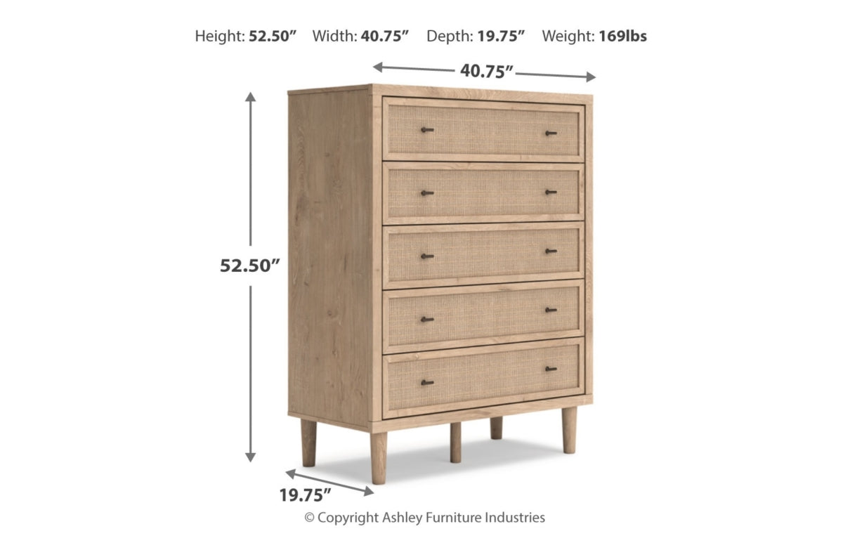 Cielden Queen Upholstered Bed with Roll Slats, Dresser, Mirror, Chest and Nightstand