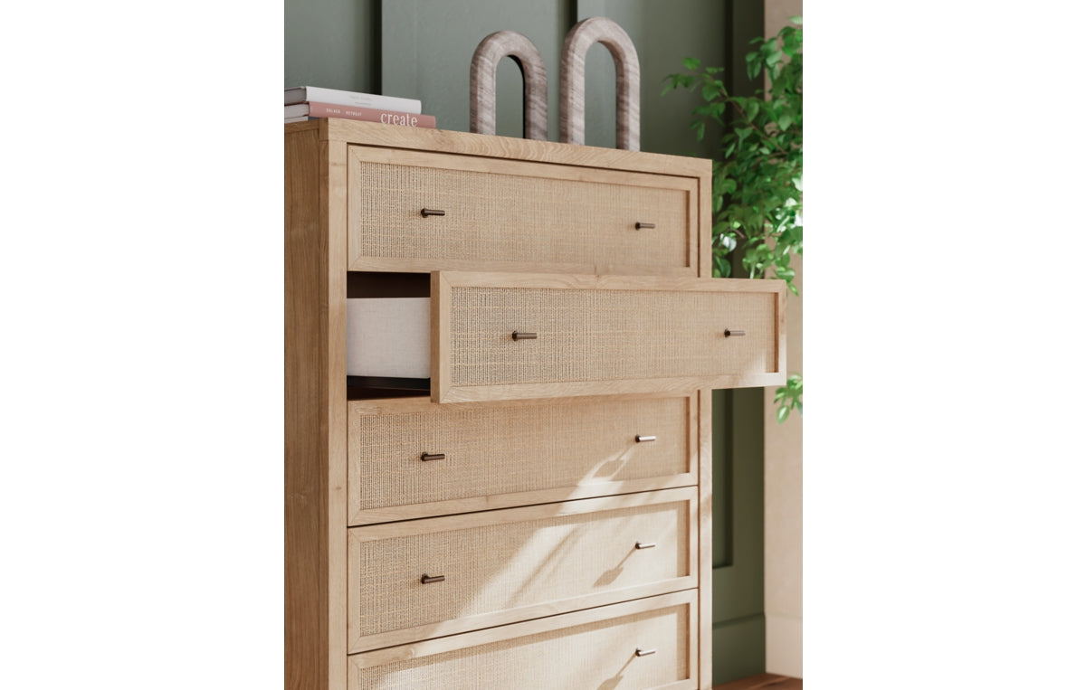 Cielden Queen Upholstered Bed with Roll Slats, Dresser, Mirror, Chest and Nightstand
