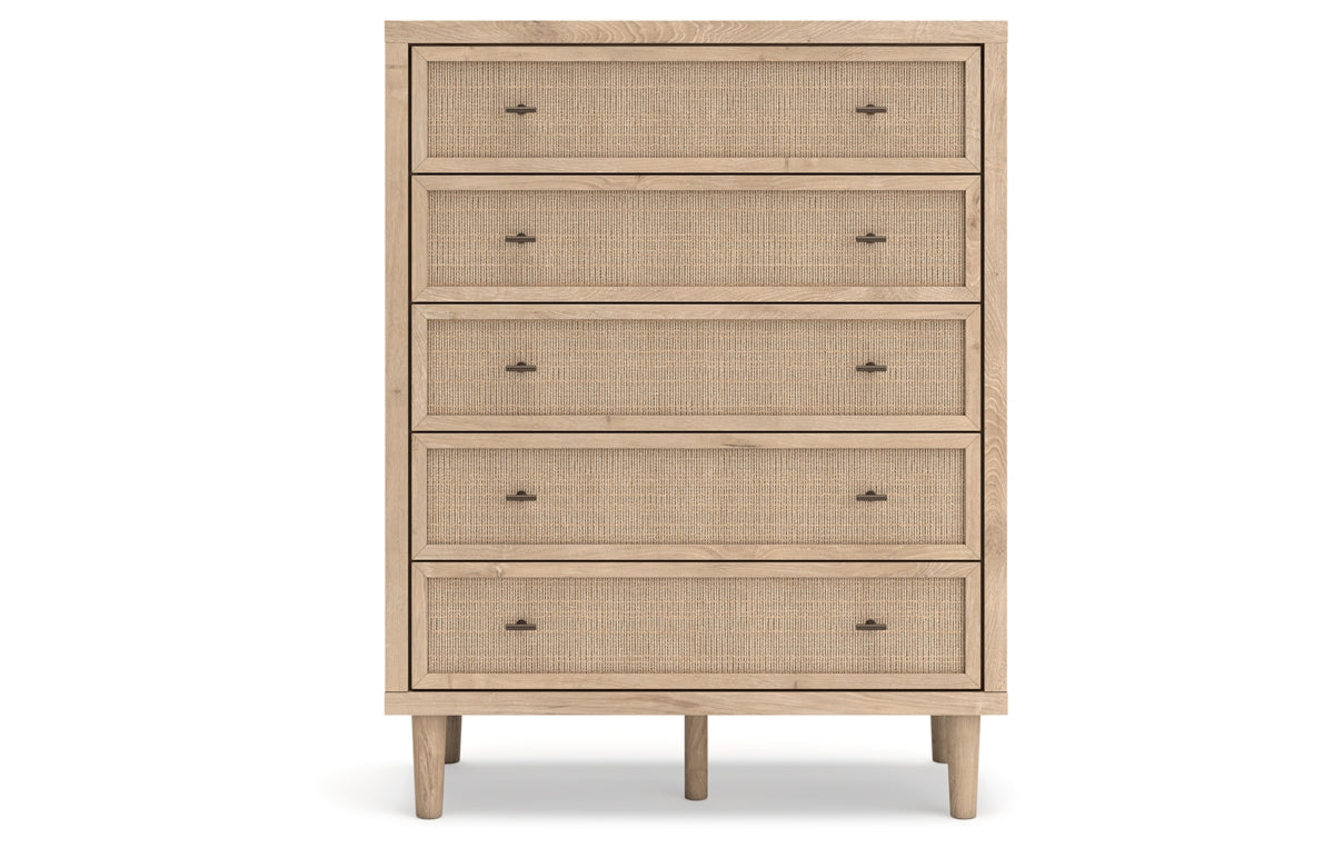 Cielden Queen Upholstered Bed with Roll Slats, Dresser, Mirror, Chest and Nightstand