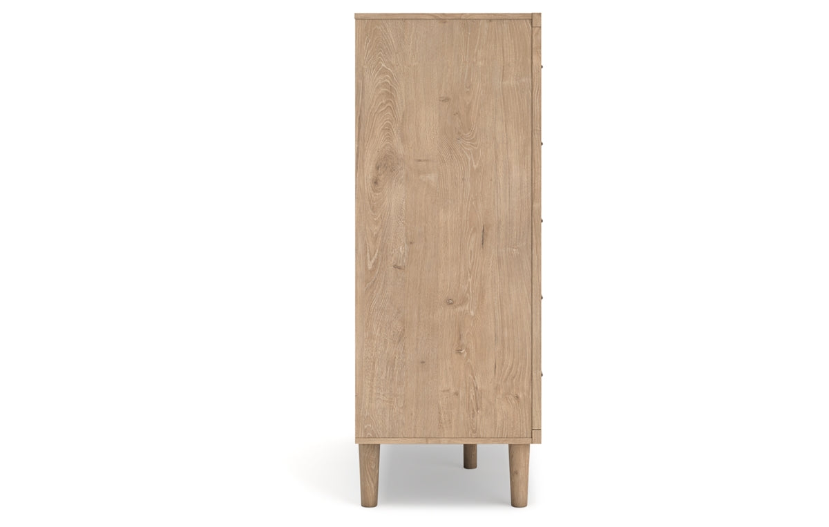 Cielden Queen Upholstered Bed with Roll Slats, Dresser, Mirror, Chest and Nightstand