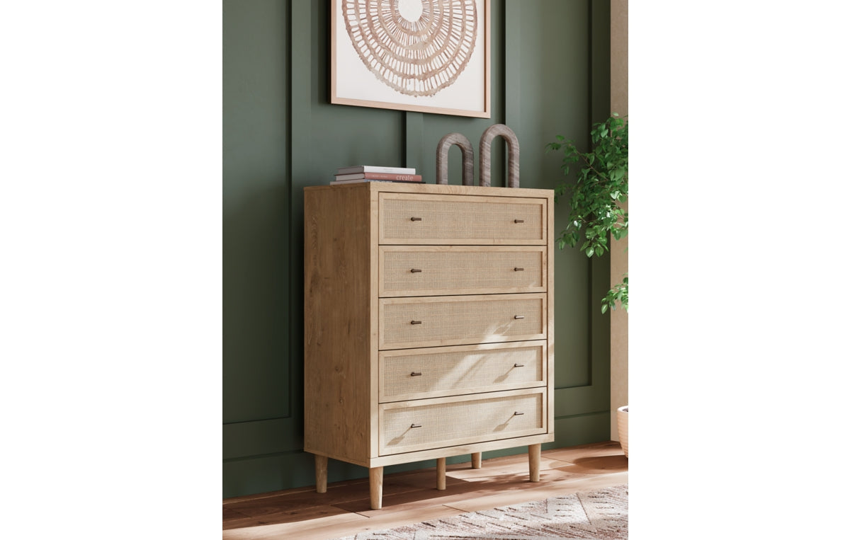 Cielden California King Upholstered Bed with Roll Slats, Dresser, Mirror and Chest