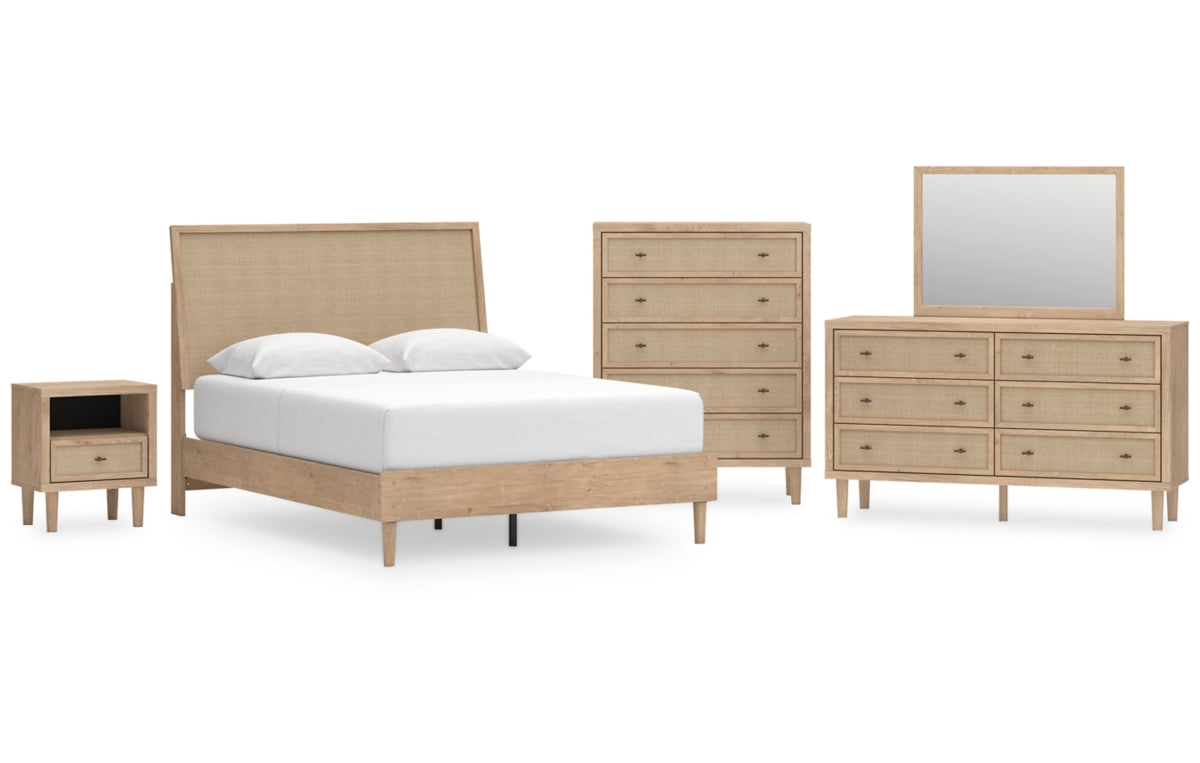Cielden Queen Panel Bed with Mirrored Dresser, Chest and Nightstand