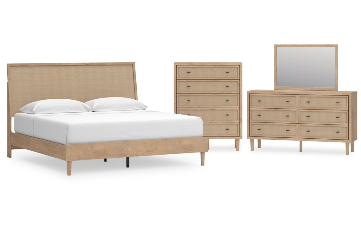 Cielden King Panel Bed with Mirrored Dresser and Chest