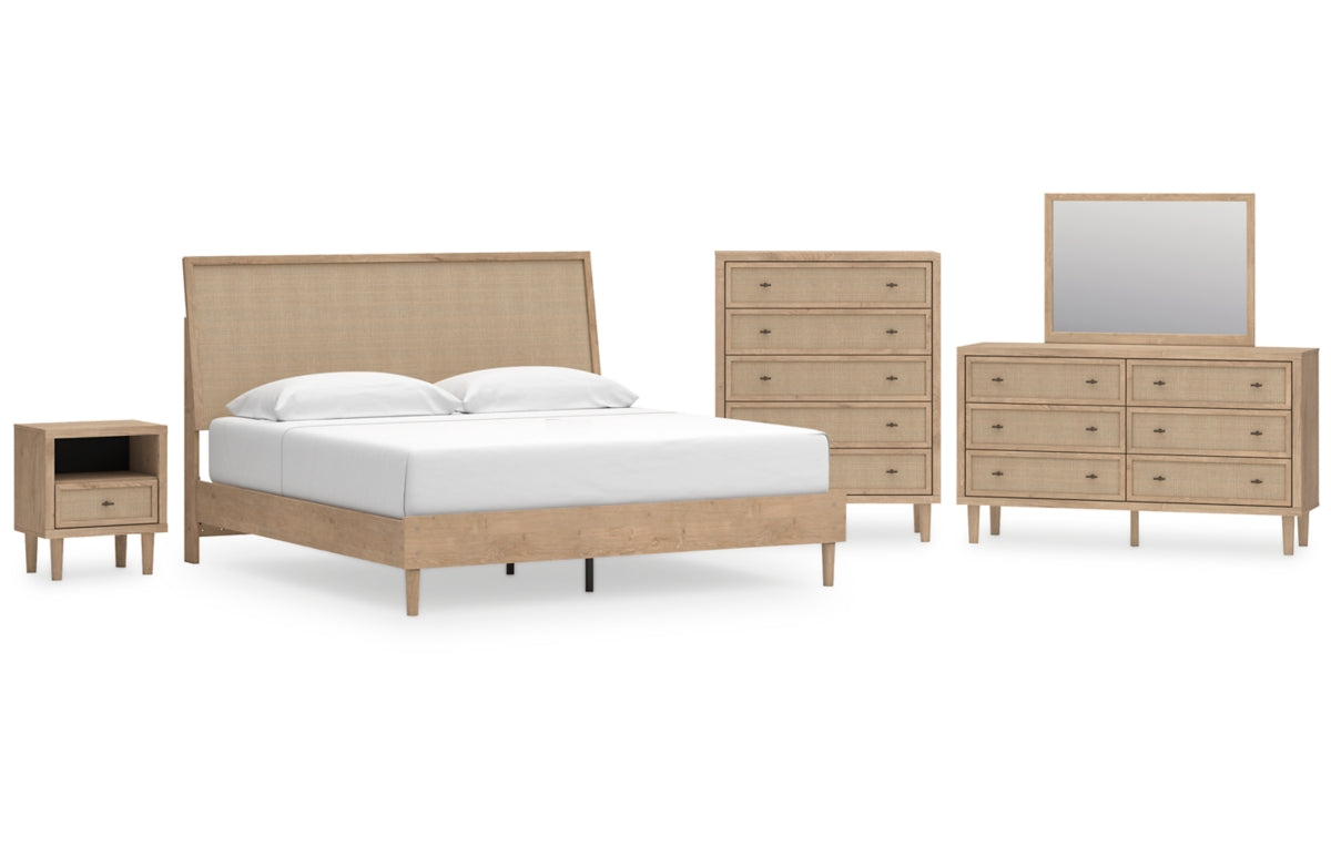 Cielden King Panel Bed with Mirrored Dresser, Chest and Nightstand