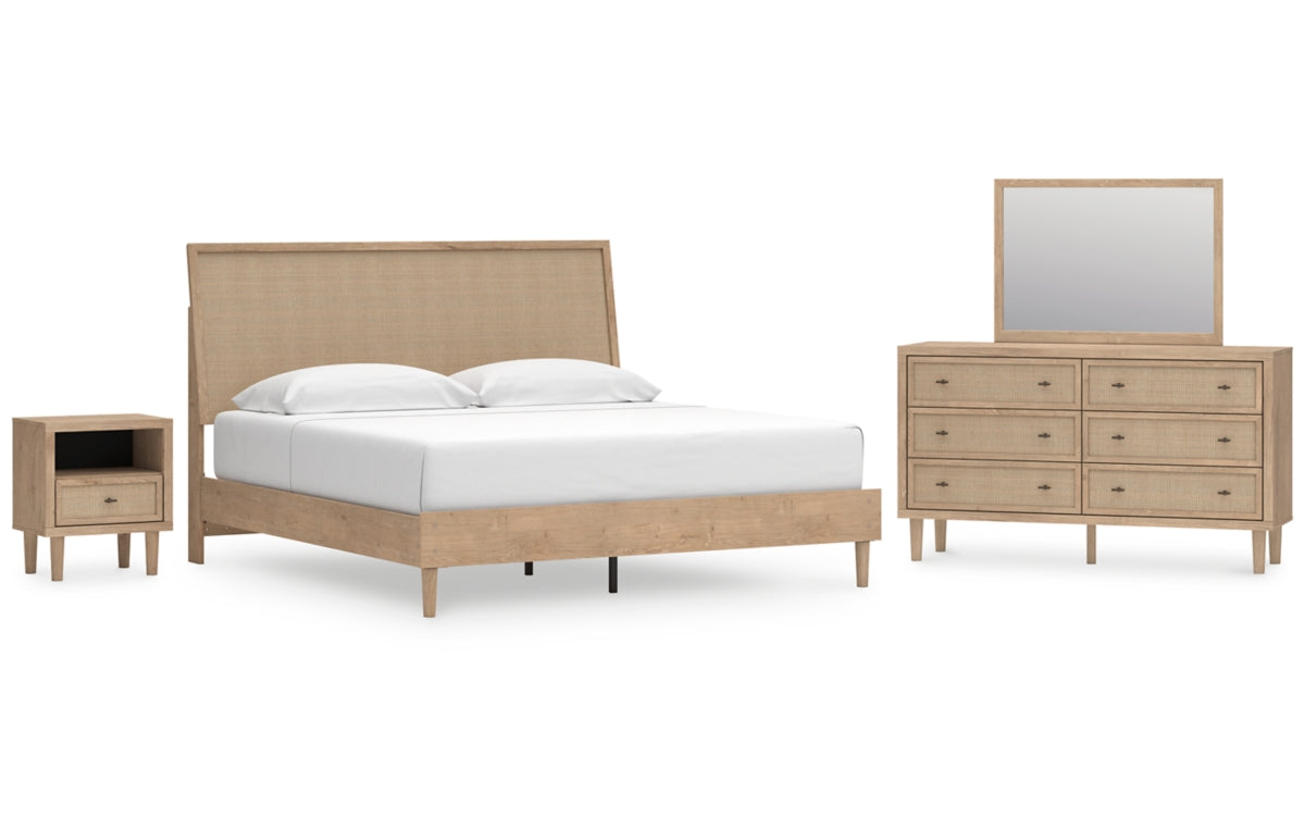 Cielden King Panel Bed with Mirrored Dresser and Nightstand