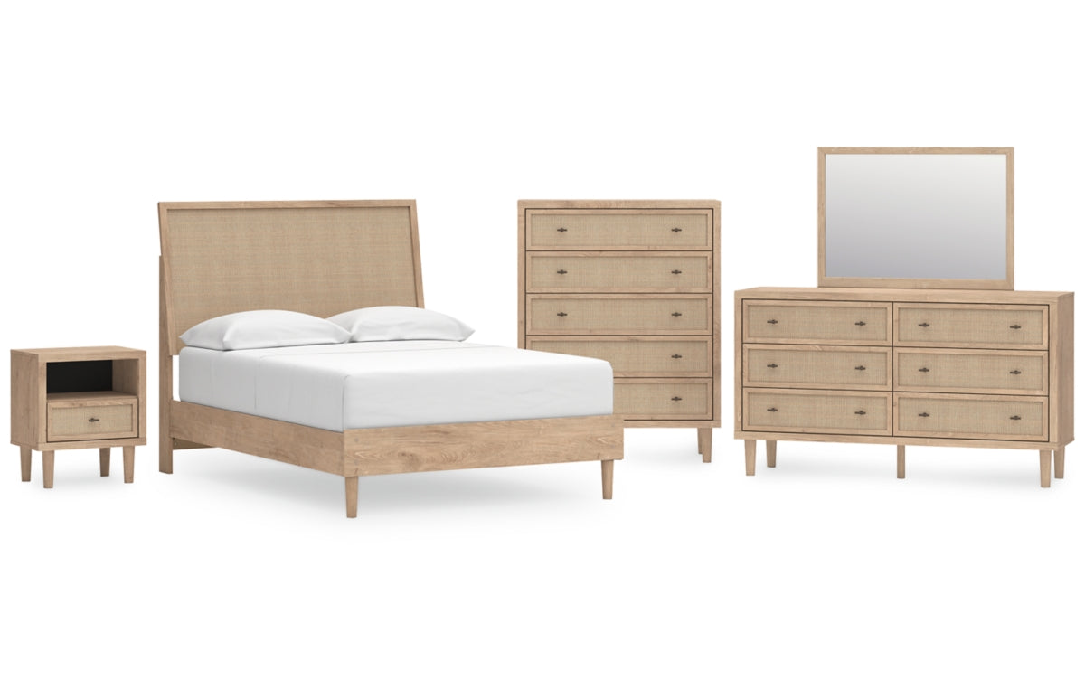 Cielden Full Panel Bed with Mirrored Dresser, Chest and Nightstand