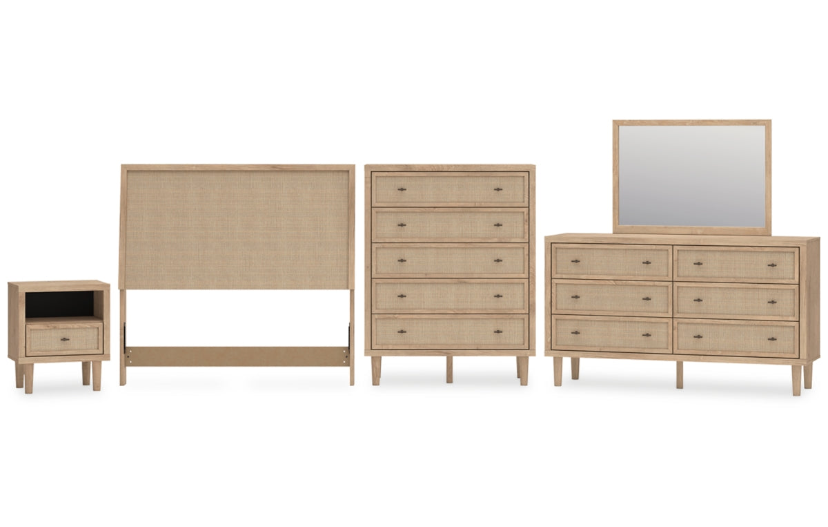 Cielden Full Upholstered Panel Bed with Mirrored Dresser, Chest and Nightstand