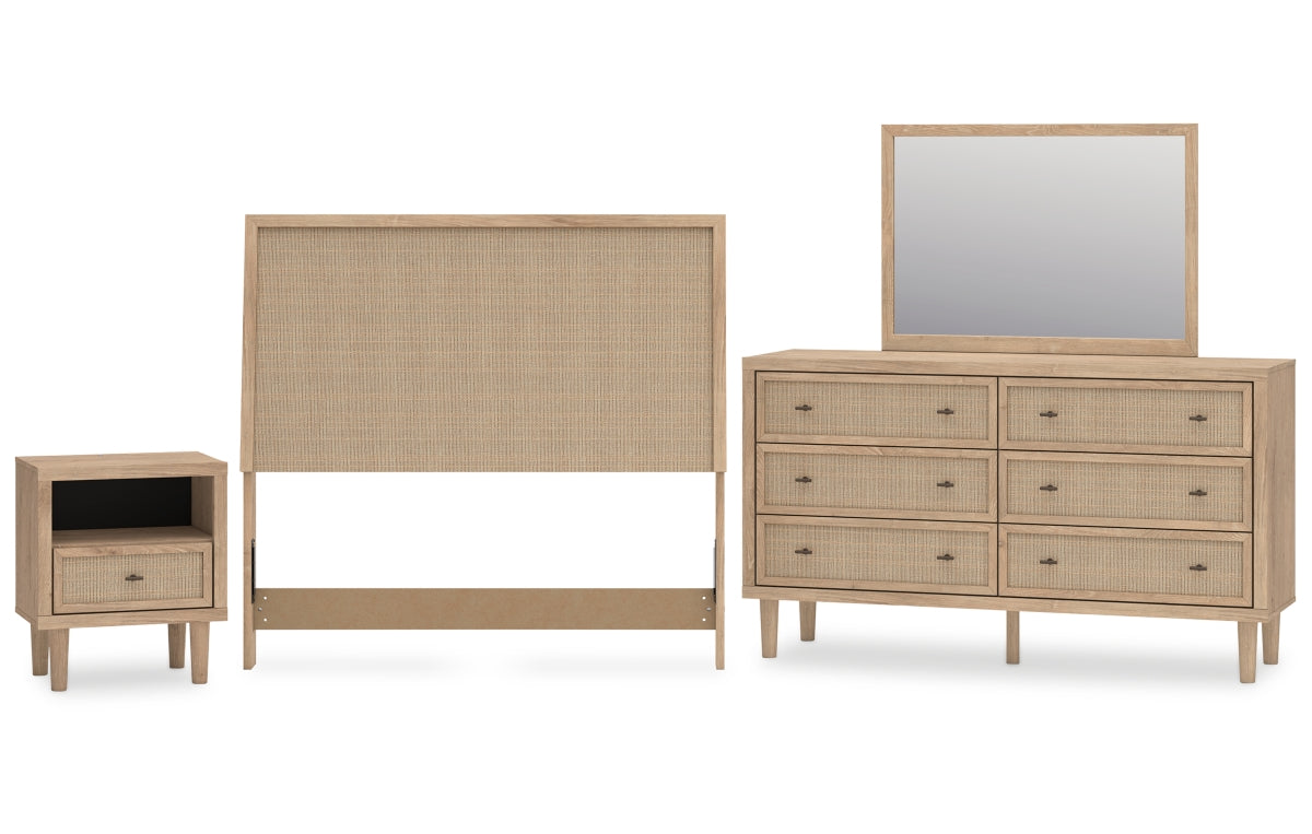 Cielden Full Upholstered Panel Bed with Mirrored Dresser and Nightstand