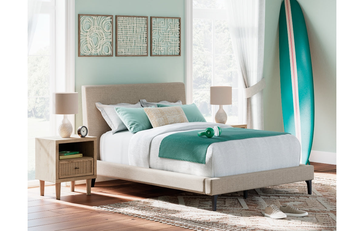 Cielden Full Upholstered Bed with Roll Slats, Dresser, Mirror and Nightstand