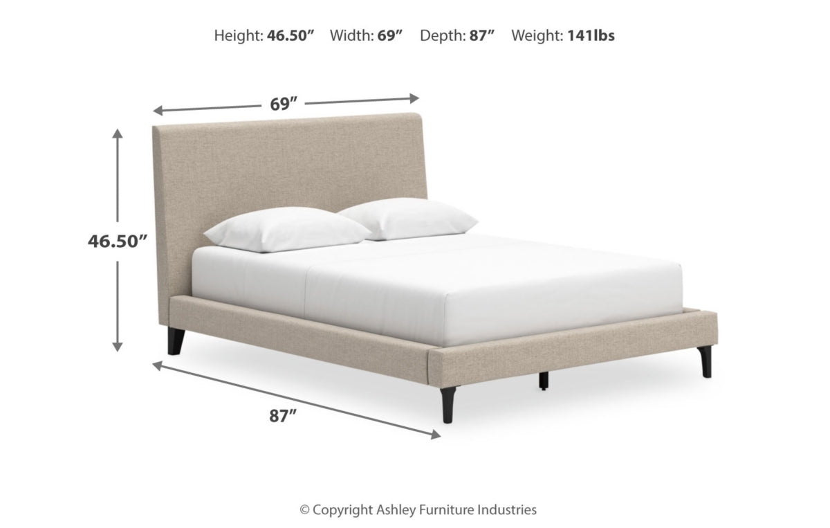 Cielden Queen Upholstered Bed with Roll Slats, Dresser, Mirror, Chest and Nightstand