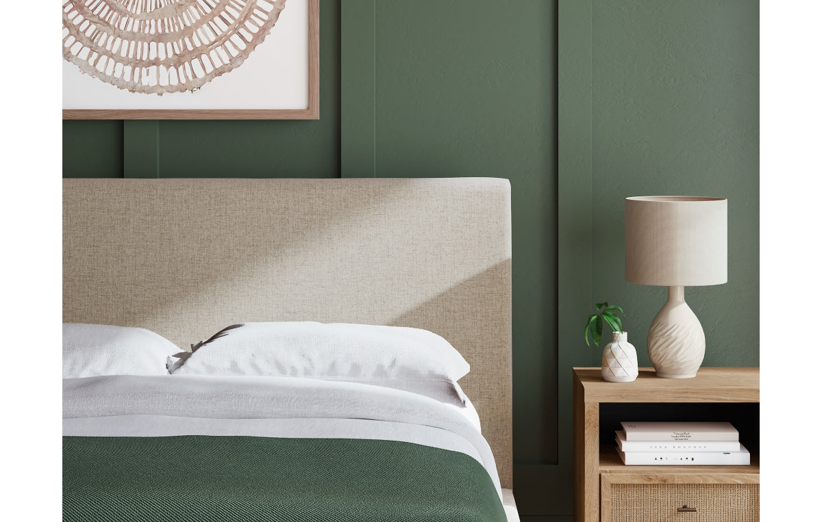 Cielden Queen Upholstered Bed with Roll Slats, Dresser, Mirror, Chest and Nightstand