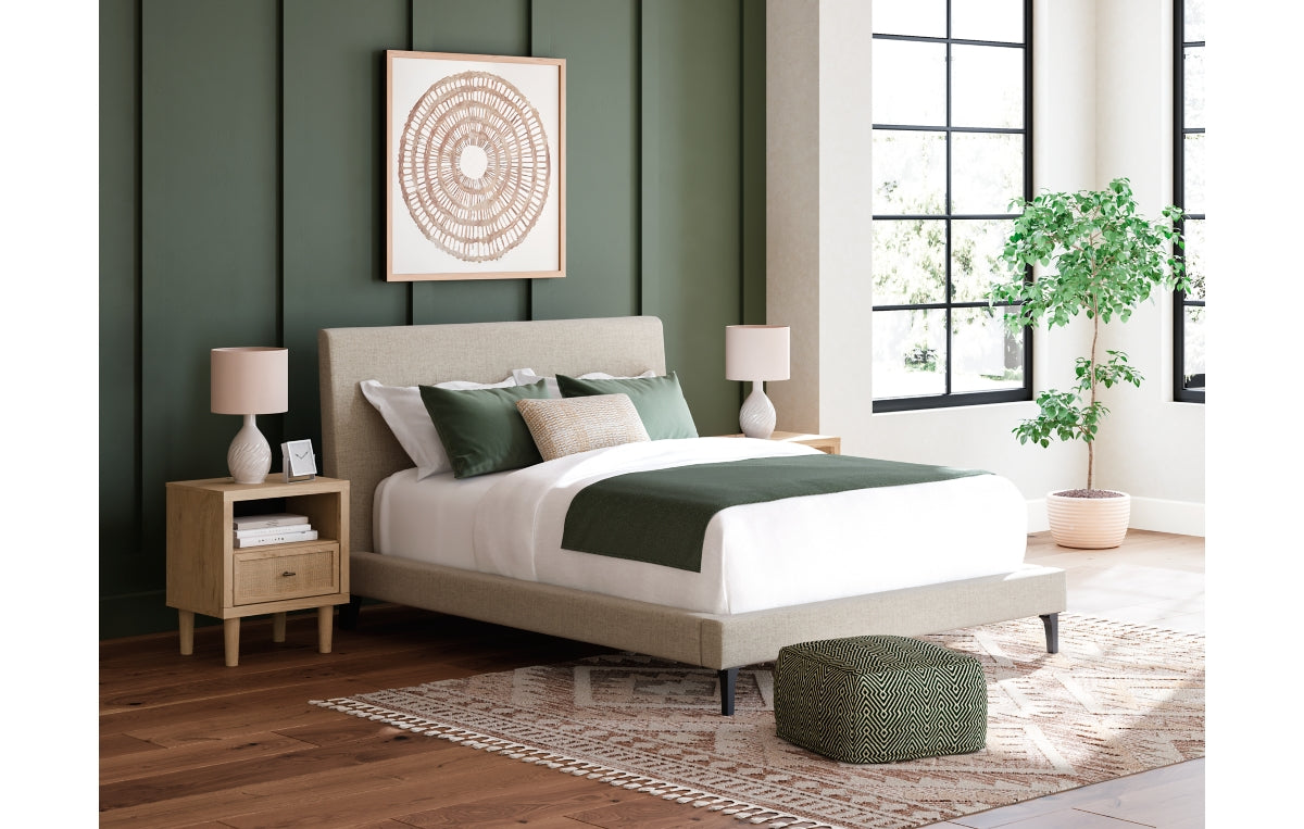 Cielden Queen Upholstered Bed with Roll Slats, Dresser, Mirror, Chest and Nightstand