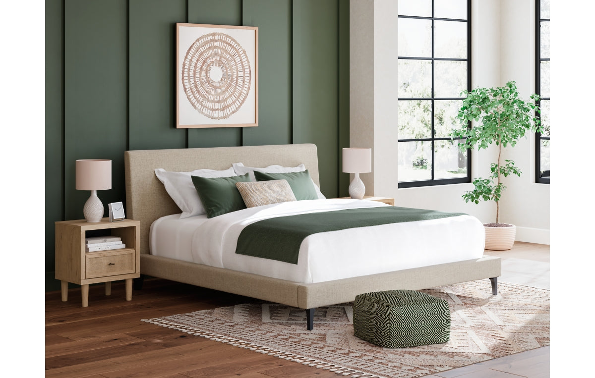 Cielden King Upholstered Bed with Roll Slats, Dresser, Mirror and Nightstand