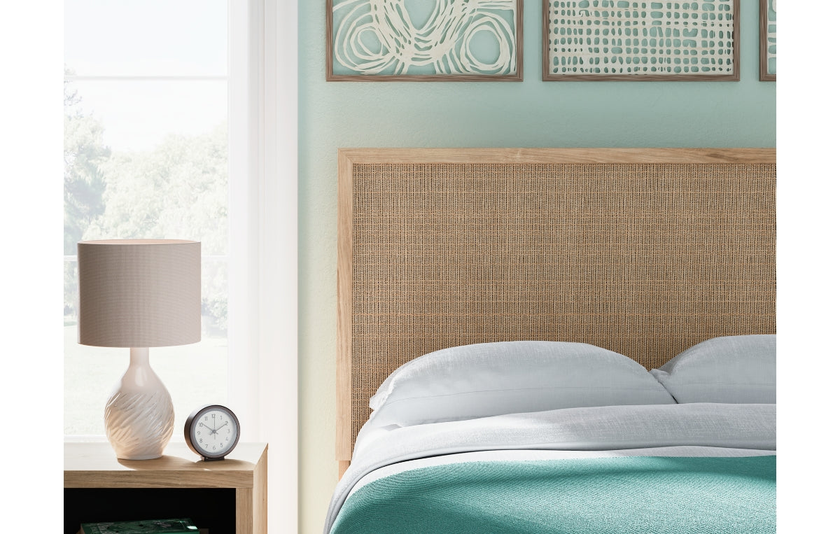 Cielden Full Upholstered Panel Bed with Mirrored Dresser and Nightstand