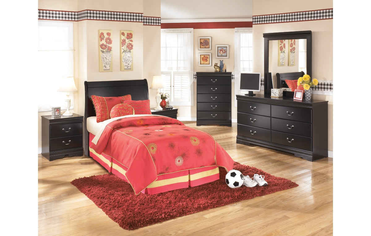 Huey Vineyard Twin Sleigh Headboard with Mirrored Dresser, Chest and Nightstand