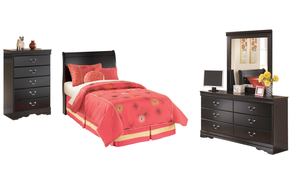 Huey Vineyard Twin Sleigh Headboard with Mirrored Dresser and Chest