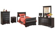 Huey Vineyard Full Sleigh Bed with Mirrored Dresser, Chest and Nightstand