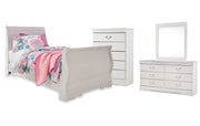 Anarasia Twin Sleigh Bed with Mirrored Dresser and Chest