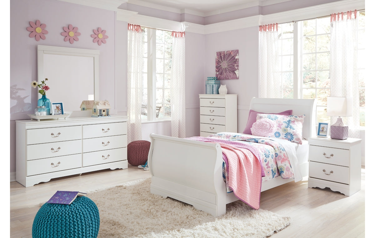 Anarasia Twin Sleigh Bed with Mirrored Dresser and Chest