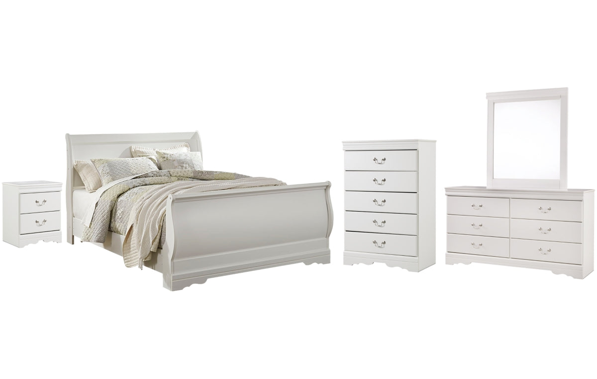 Anarasia Queen Sleigh Bed with Mirrored Dresser, Chest and Nightstand