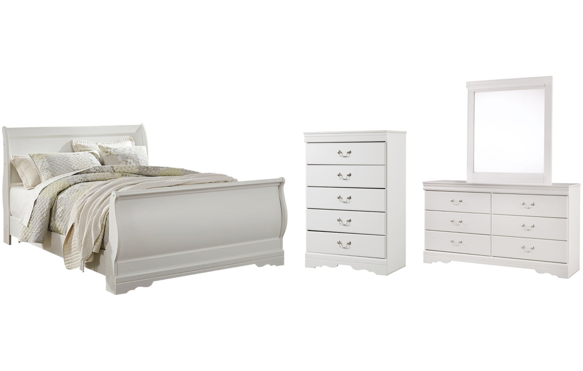 Anarasia Queen Sleigh Bed with Mirrored Dresser and Chest