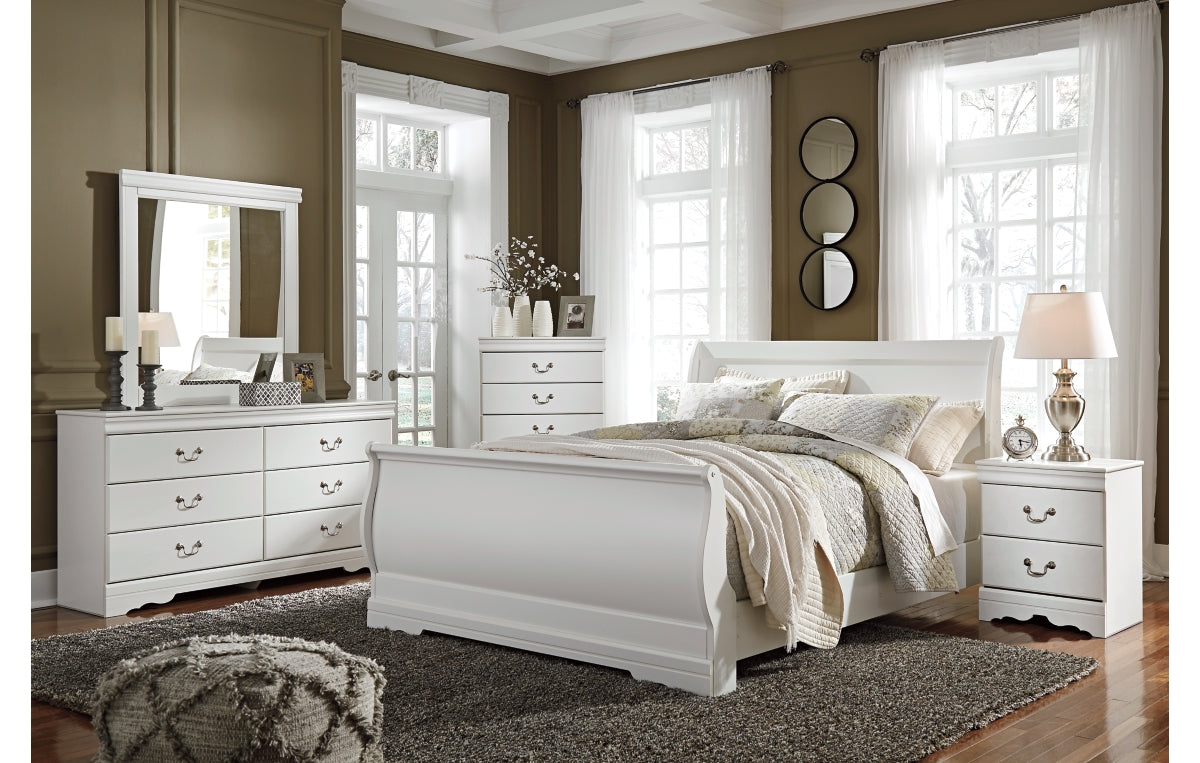 Anarasia Queen Sleigh Bed with Mirrored Dresser and Chest