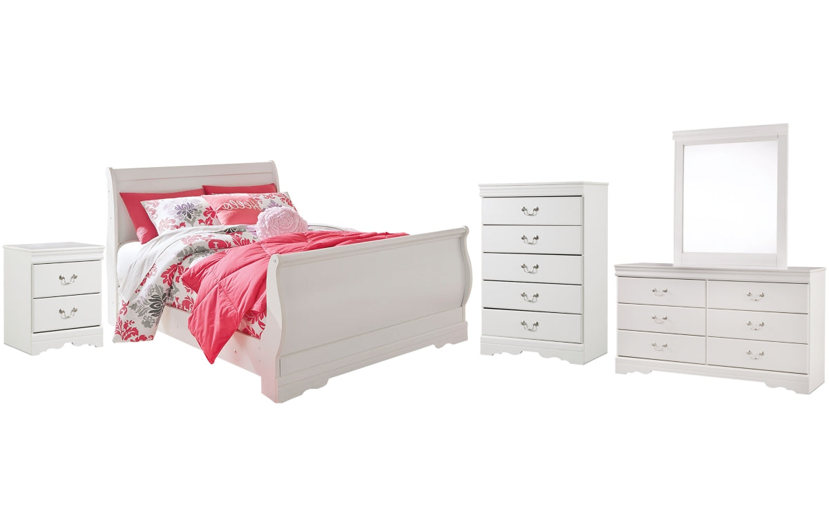 Anarasia Full Sleigh Bed with Mirrored Dresser, Chest and Nightstand