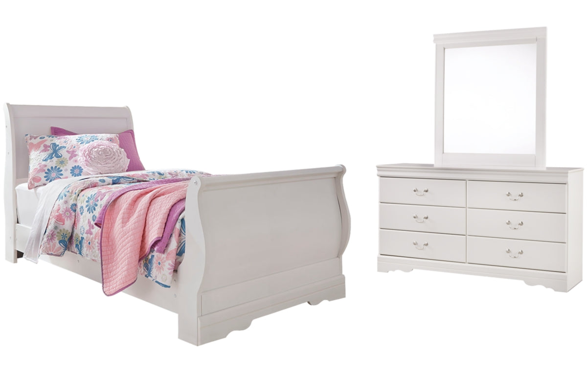 Anarasia Twin Sleigh Bed with Mirrored Dresser