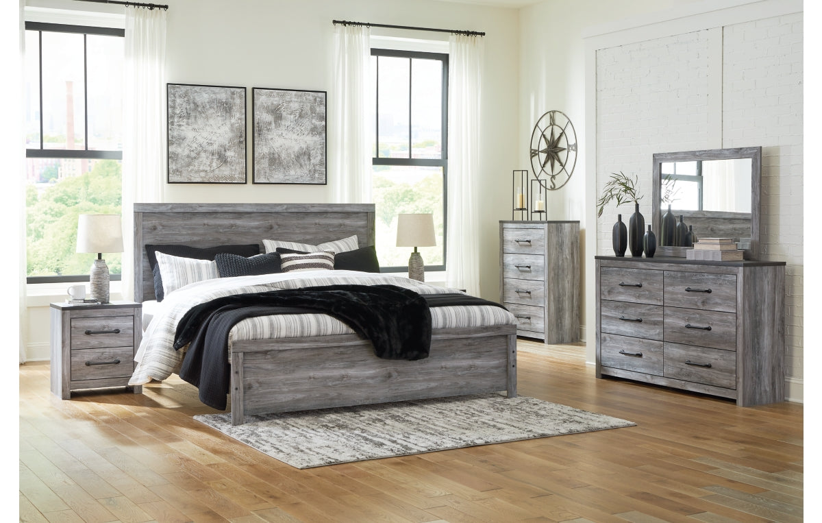 Bronyan King Panel Bed with Mirrored Dresser and Nightstand
