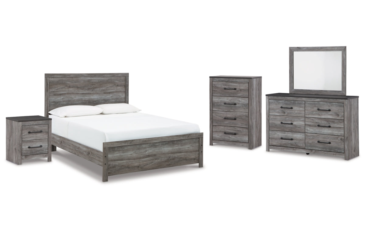 Bronyan Queen Panel Bed with Mirrored Dresser, Chest and Nightstand