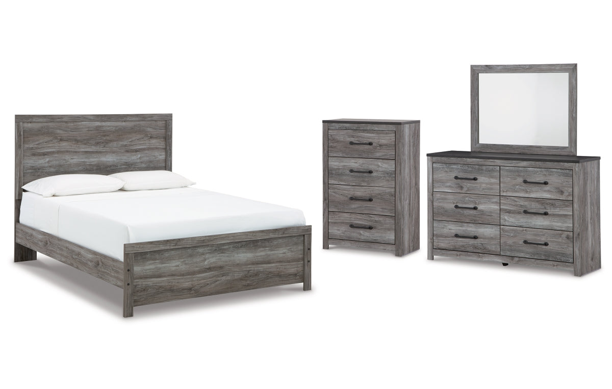 Bronyan Queen Panel Bed with Mirrored Dresser and Chest