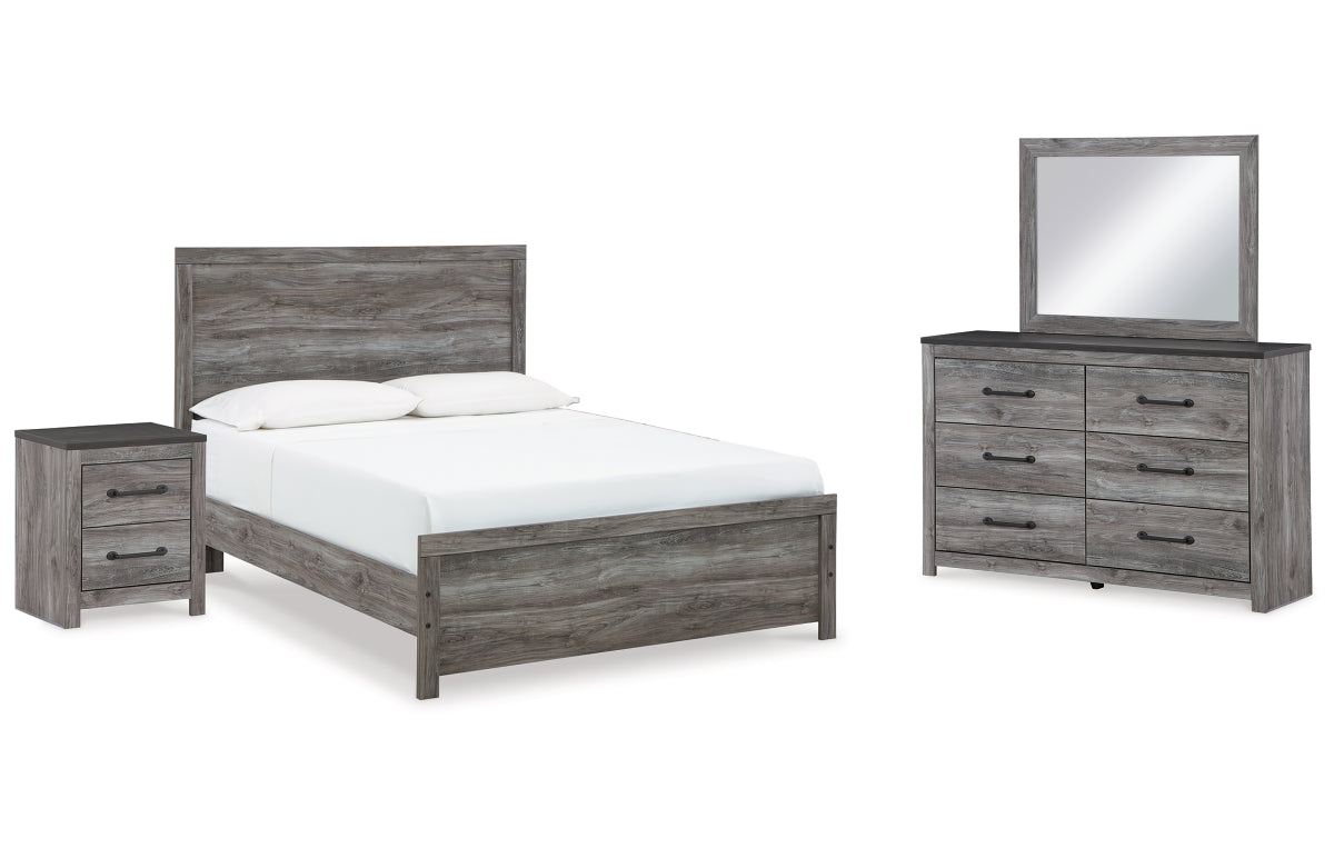 Bronyan Queen Panel Bed with Mirrored Dresser and Nightstand