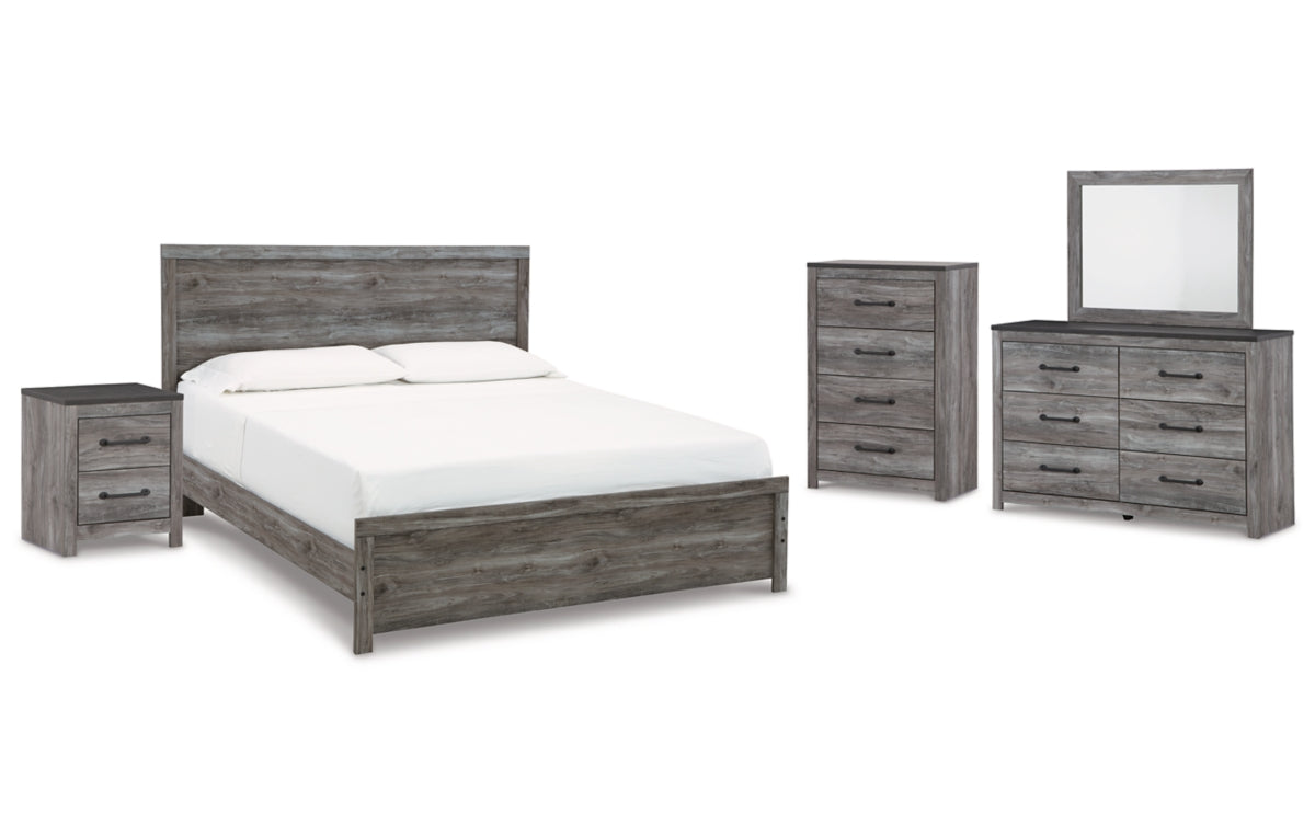 Bronyan King Panel Bed with Mirrored Dresser, Chest and Nightstand