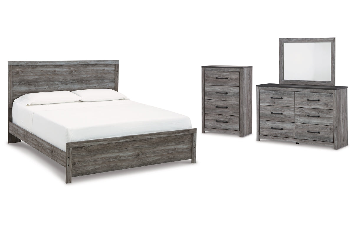 Bronyan King Panel Bed with Mirrored Dresser and Chest