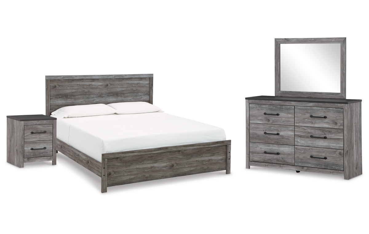 Bronyan King Panel Bed with Mirrored Dresser and Nightstand