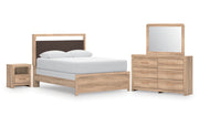 Kinlanni Queen Upholstered Panel Bed, Dresser, Mirror and Nightstand