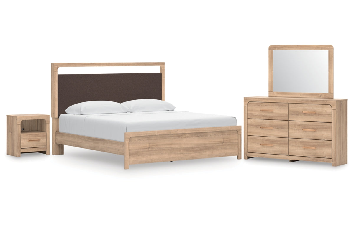 Kinlanni King Upholstered Platform Bed, Dresser, Mirror and Nightstand