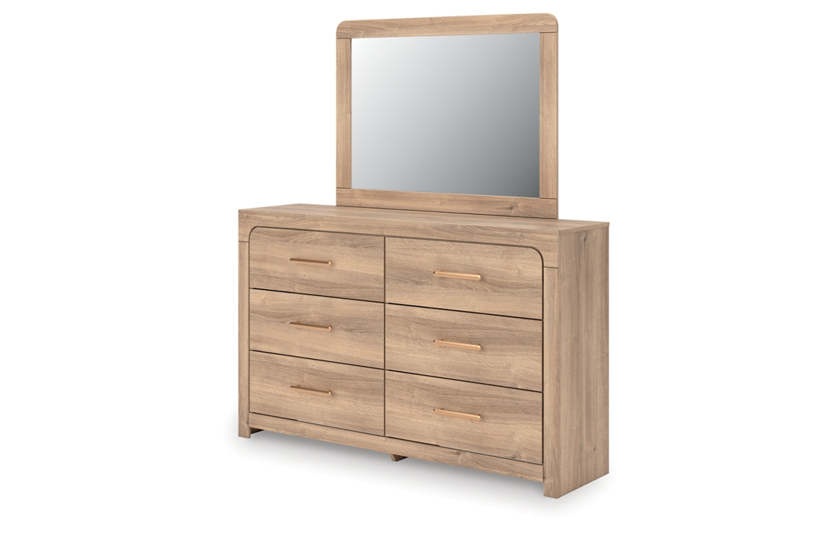 Kinlanni King Upholstered Panel Bed, Dresser, Mirror and Nightstand