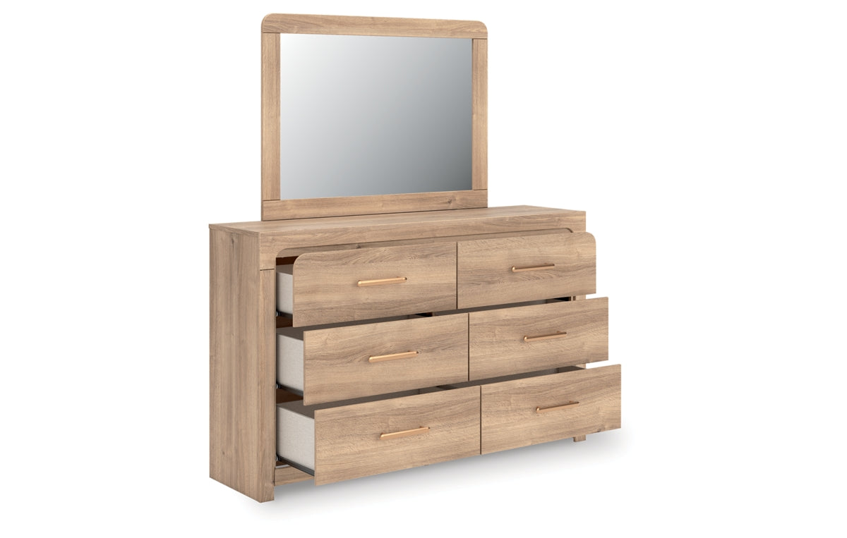 Kinlanni King Upholstered Panel Bed, Dresser, Mirror and Nightstand