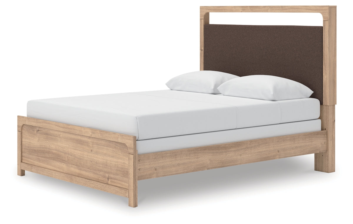 Kinlanni Queen Upholstered Panel Bed, Dresser, Mirror and Nightstand